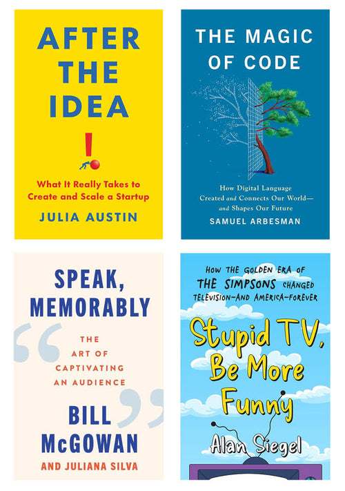 Collage of four books, clockwise from top left: After the Idea, The Magic of Code, Stupid TV Be More Funny, and Speak Memorably