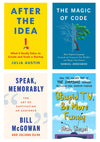 Collage of four books, clockwise from top left: After the Idea, The Magic of Code, Stupid TV Be More Funny, and Speak Memorably