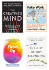 Collage of four book covers, clockwise from top left: The Creative's Mind, Fake Work, The Gift of Not Belonging, and Fired Up