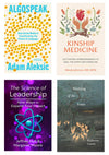 Collage of four book covers, clockwise from top left: Algospeak, Kinship Medicine, Wedding of the Foxes, and The Science of Leadership