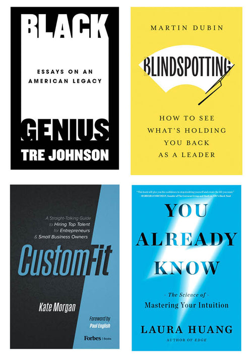 Collage of four book covers, clockwise from top left: Black Genius, Blindspotting, You Already Know, and Custom-Fit