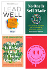 Collage of four book covers, clockwise from top left: Lead Well, No One Is Self-Made, Pure Innocent Fun, and Perfect Is Boring