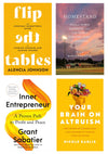 Collage of four book covers clockwise from top left: Flip the Tables, Homestand, Your Brain on Altruism, and Inner Entrepreneur