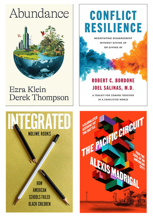 Collage of book covers from left to right: Abundance, Conflict Resilience, The Pacific Circuit, and Integrated