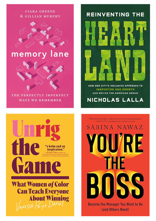 Collage of four book covers, clockwise from top left: Memory Lane, Reinventing the Heartland, You're the Boss, and Unrig the Game