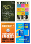 Collage of book covers from left to right: Losing Big, Meaningful Work, Secrets of Adulthood, and The Measure of Progress