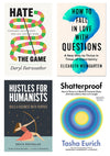 Collage of book covers clockwise from top left: Hate the Game, How to Fall in Love with Questions, Shatterproof, and Hustles for Humanists