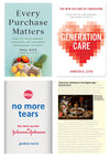 Collage of book covers clockwise from top left: Every Purchase Matters, Generation Care, Searches, and No More Tears