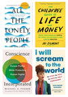 Collage of four books, clockwise from top left: All the Lonely People, The Childfree Guide to Life and Money, I Will Scream to the World, and Conscience Incorporated