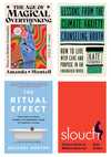 Collage of four books, clockwise from top left: The Age of Magical Overthinking, Lessons from the Climate Anxiety Counseling Booth, Slouch, and The Ritual Effect
