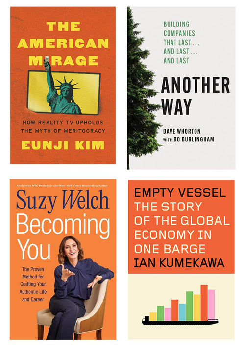 Collage of book covers clockwise from top left: The American Mirage, Another Way, Empty Vessel, and Becoming You