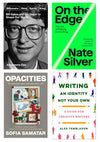 Collage of four book covers, clockwise from top left: Billionaire Nerd Savior King, On the Edge, Writing An Identity Not Your Own, and Opacities