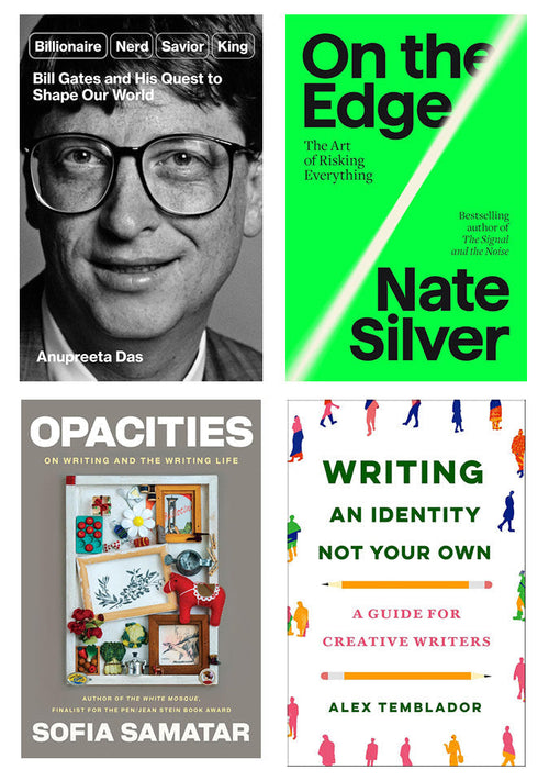 Collage of four book covers, clockwise from top left: Billionaire Nerd Savior King, On the Edge, Writing An Identity Not Your Own, and Opacities