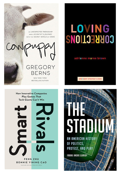 Collage of four book covers, clockwise from top left: Cowpuppy, Loving Corrections, The Stadium, and Smart Rivals