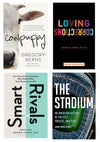 Collage of four book covers, clockwise from top left: Cowpuppy, Loving Corrections, The Stadium, and Smart Rivals