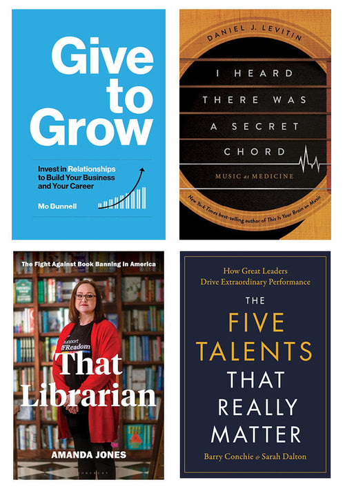 Collage of four book covers, clockwise from top left: Give to Grow, I Heard There Was A Secret Chord, The Five Talents That Really Matter, and That Librarian