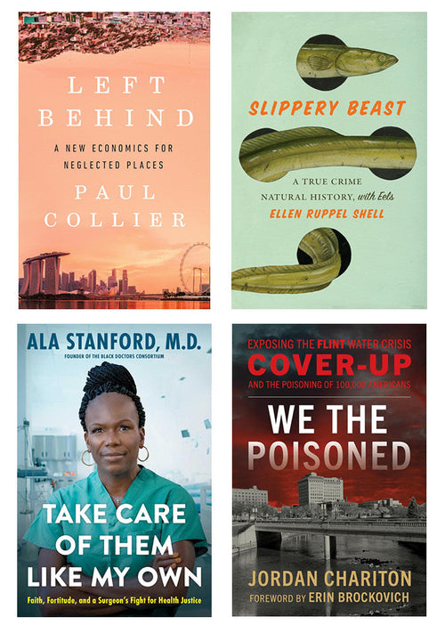 Collage of four book covers, clockwise from top left: Left Behind, Slippery Beast,We the Poisoned, and Take Care of Them Like My Own