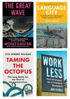 Collage of four book covers, clockwise from top left: The Great Wave, Language City, Work Less, and Taming the Octopus