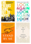 Collage of four book covers, clockwise from top left: The Freaks Came Out to Write, Look Again, The World and Us, and Stand By Me