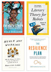 Collage of four book covers, clockwise from top left: Imagination, Literary Theory for Robots, The Resilience Plan, and Never Not Working