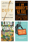 Collage of book covers, clockwise from top left: Defy, I Am Nobody's Slave, Make Your Own Job, and Land Power