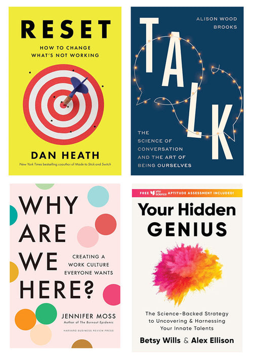 Collage of book covers, from left to right: Reset, Talk, Your Hidden Genius, and Why Are We Here