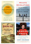 Collage of four book covers, clockwise from top left: Sharing Space, The Imagination Muscle, Private Revolutions, The Raging Erie