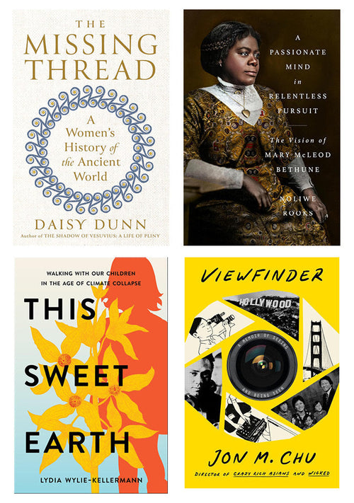 Collage of four book covers, clockwise from top left: The Missing Thread, Passionate Mind in Relentless Pursuit, Viewfinder, and This Sweet Earth