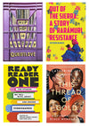 Collage of four book covers, clockwise from top left: Hip-Hop is History, Out of the Sierra, This Thread of Gold, and Ready Reader One