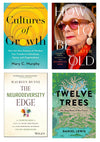 Collage of four books, clockwise from top left: Cultures of Growth, How to be Old, Twelve Trees, and The Neurodiversity Edge