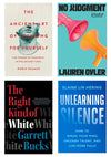 Collage of four books, clockwise from top left: The Ancient Art of Thinking For Yourself, No Judgment, Unlearning Silence, and The Right Kind of White