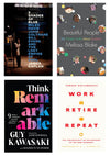 Collage of four books, clockwise from top left: 3 Shades of Blue, Beautiful People, Work Retire Repeat, and Think Remarkable