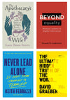 Collage of four book covers, clockwise from top left: The Apothecary's Wife, Beyond Equality, The Ultimate Hidden Truth of the World, and Never Lead Alone