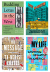 Collage of four book covers, clockwise from top left: Budding Lotus in the West, Lost in Austin, My Life, and The Message