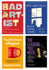 Collage of four book covers, clockwise from top left: Bad Artist, Blue Light Hours, The Leaders You Need, and The Employee Advantage