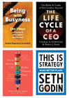 Collage of four book covers, clockwise from top left: Being with Busyness, The Life Cycle of a CEO, This is Strategy, and Seven Secrets to the Perfect Personal Essay
