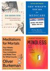Collage of book covers, clockwise from top left: Dear Unknown Friend, Get What's Yours for Medicare, Mindless, and Meditations for Mortals