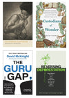 Collage of four book covers, clockwise from top left: The Afterlife is Letting Go, Custodians of Wonder, Reversing Deforestation, and The Guru Gap