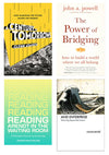 Book collage, clockwise from top left: A Century of Tomorrows, The Power of Bridging, Uncertainty and Enterprise, and Reading Arendt in the Waiting Room