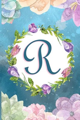 R: Watercolor Monogram Handwritten Initial R with Vintage Retro Floral Wreath Elements - College Ruled Lined Writing Jour