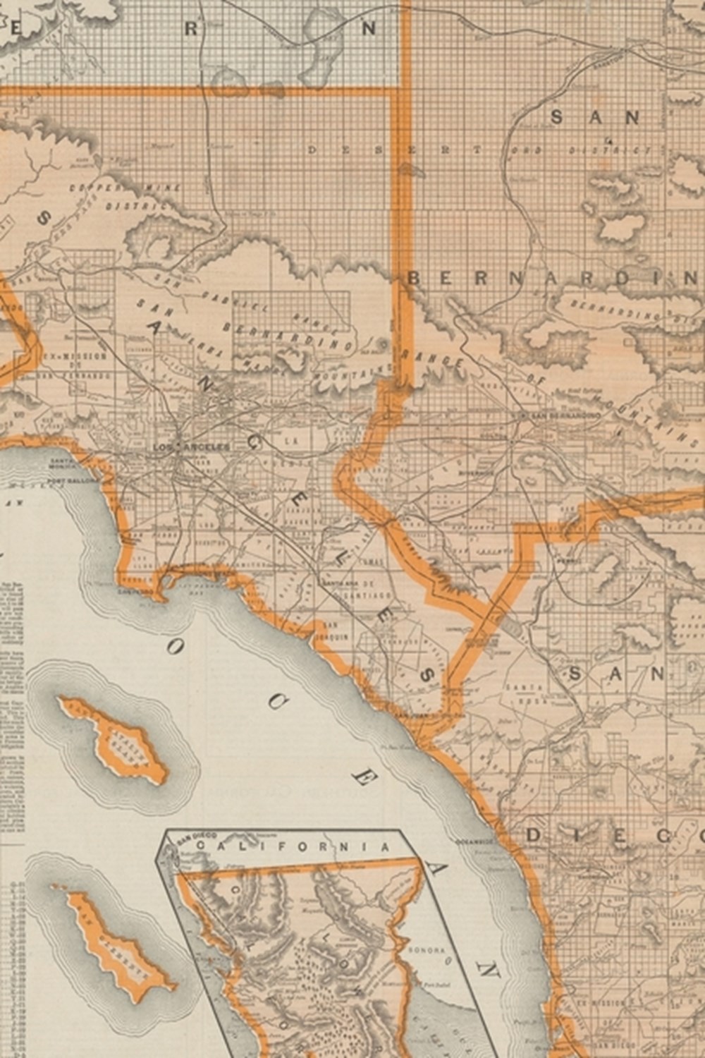 19th Century Map of Southern California Including Santa Barbara, Ventura, Los Angeles, San Bernardin